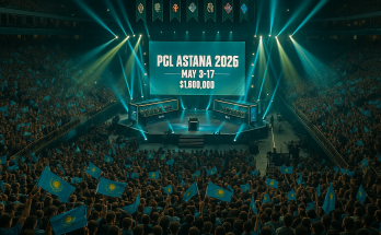 A packed Barys Arena in Astana during the PGL Astana 2026 CS2 playoffs, blue-and-gold