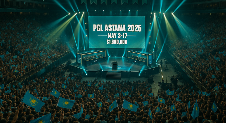 A packed Barys Arena in Astana during the PGL Astana 2026 CS2 playoffs, blue-and-gold